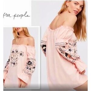 Free People Fleur Du Jour Peach Embroidered Boho off shoulder cottage-core XS